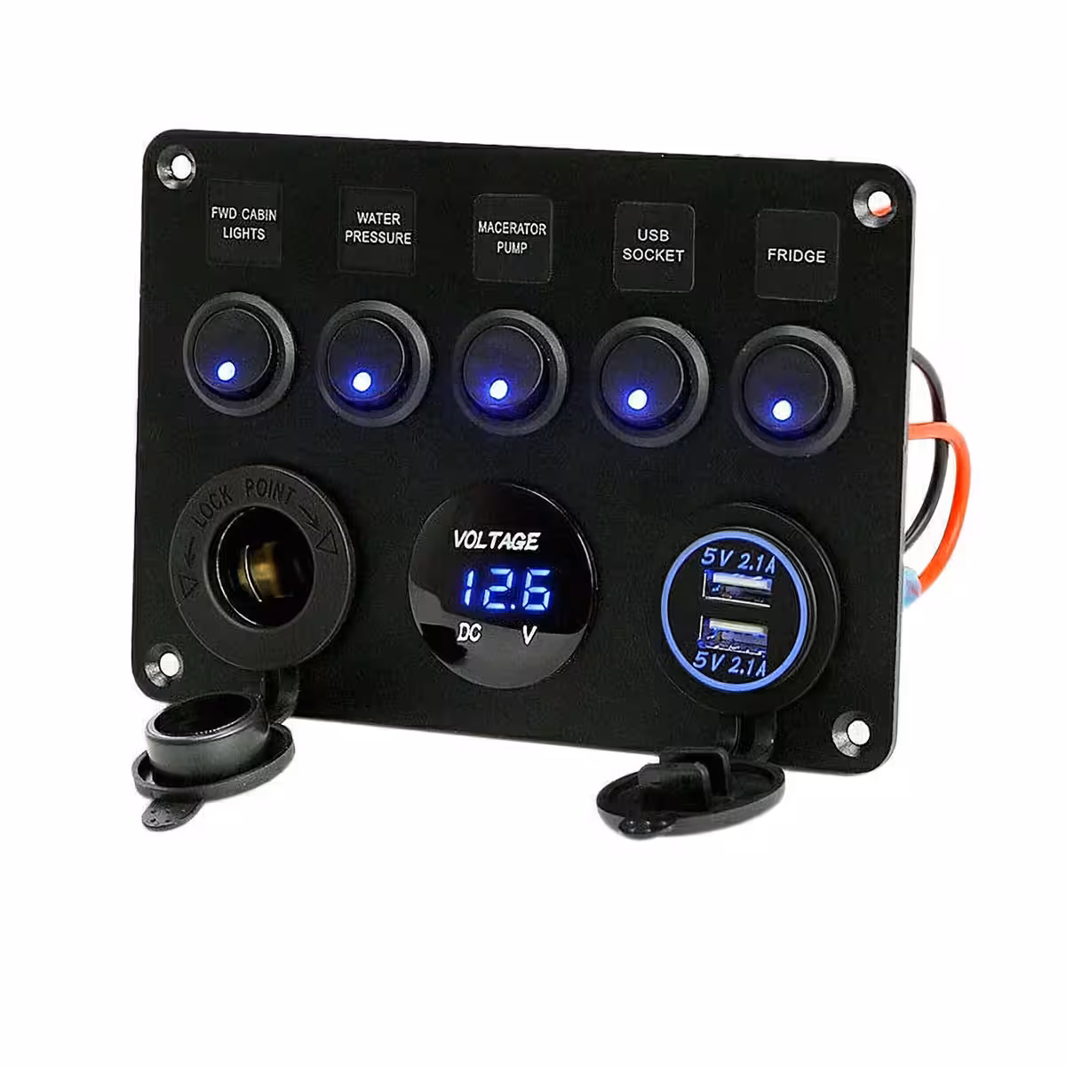 Kit painel automotivo 12V/24V com 5 interruptores, tomada de isqueiro e carregador USB, fácil instalação