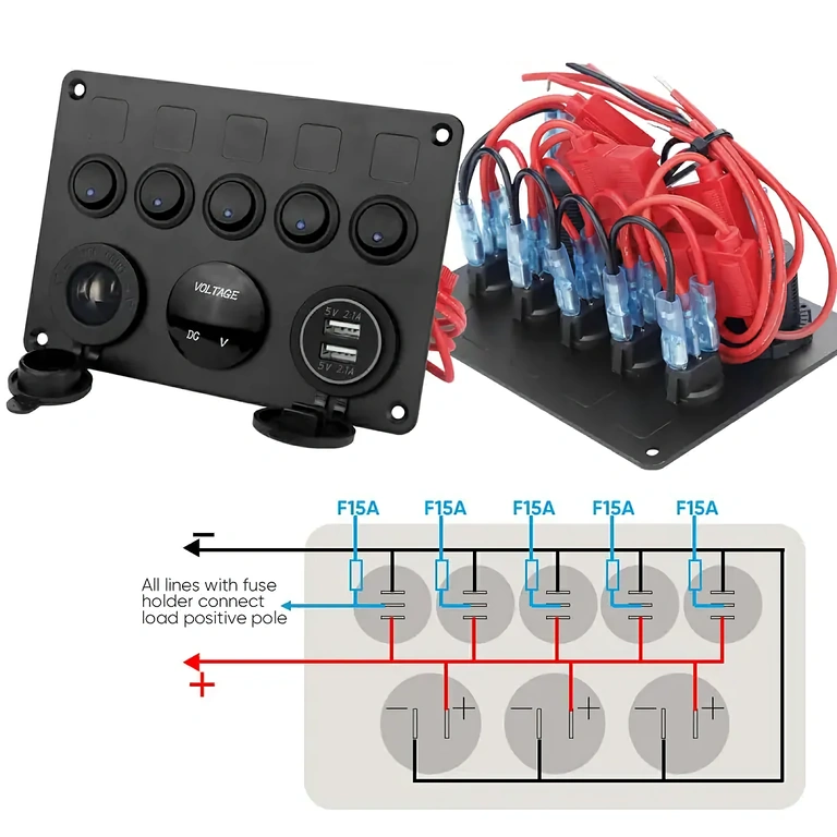 Painel automotivo com tomada de isqueiro 12V e comutadores Painel automotivo com tomada 12V para isqueiro, interruptores on/off e voltímetro, para carros e outros veículos
