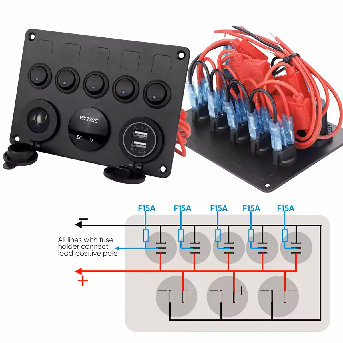 Painel automotivo com tomada 12V para isqueiro, interruptores on/off e voltímetro, para carros e outros veículos