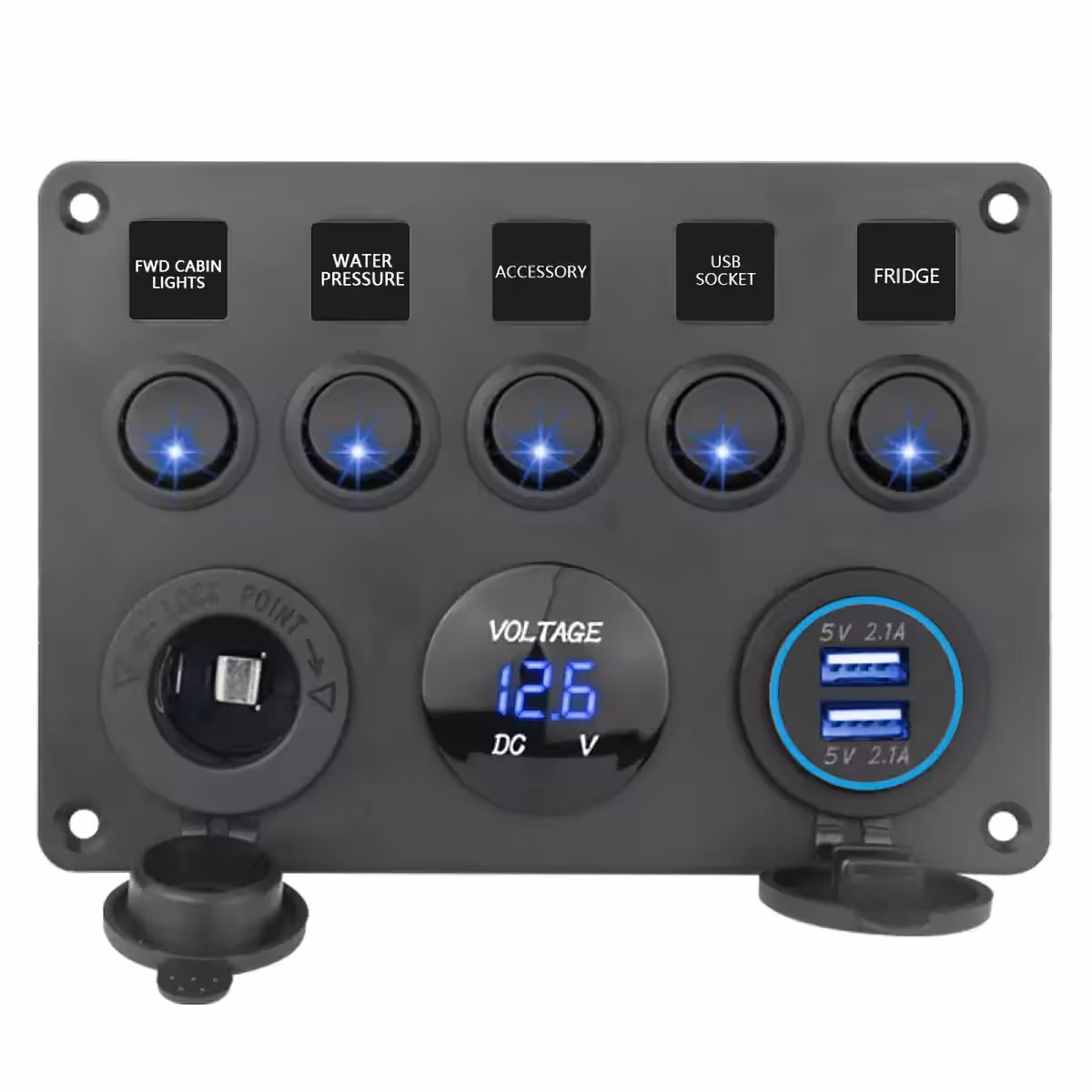 Painel automotivo com voltímetro digital e 5 interruptores on/off com LED, para controle de equipamentos elétricos
