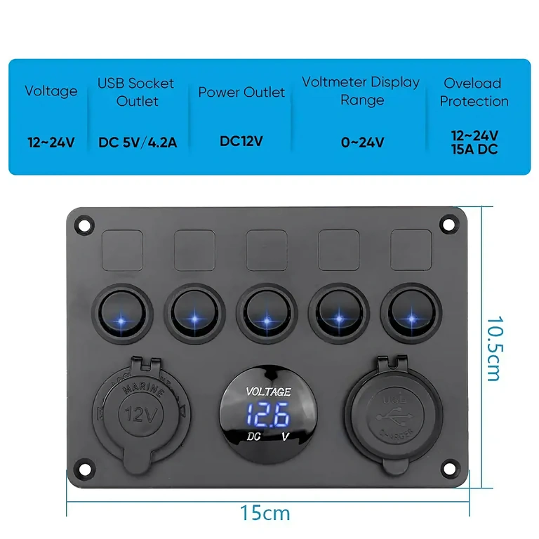 Painel automotivo com comutador, carregador USB e LED azul Painel com interruptores on/off com LED, carregador USB duplo e voltímetro, ideal para carros e máquinas
