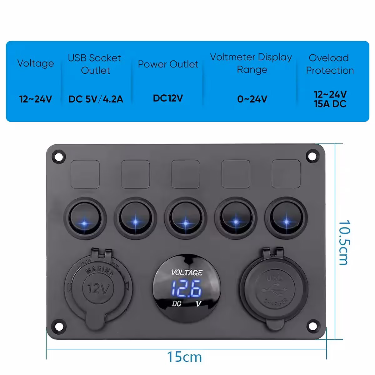Painel com interruptores on/off com LED, carregador USB duplo e voltímetro, ideal para carros e máquinas