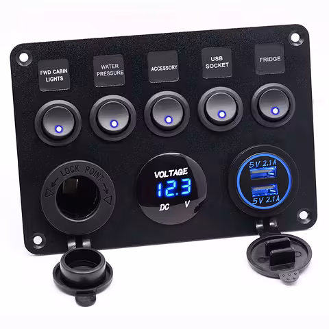 Painel de Comando Automotivo 5 Botões ON/OFF com Voltímetro, Tomada e Carregador USB – 12V/24V, Resistência IP65
