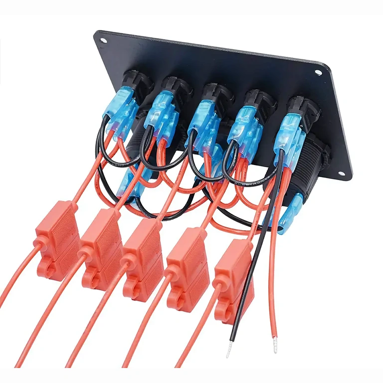 Painel comutador on/off automotivo com LED azul Painel com interruptores on/off com 5 botões e LED azul, compacto e robusto