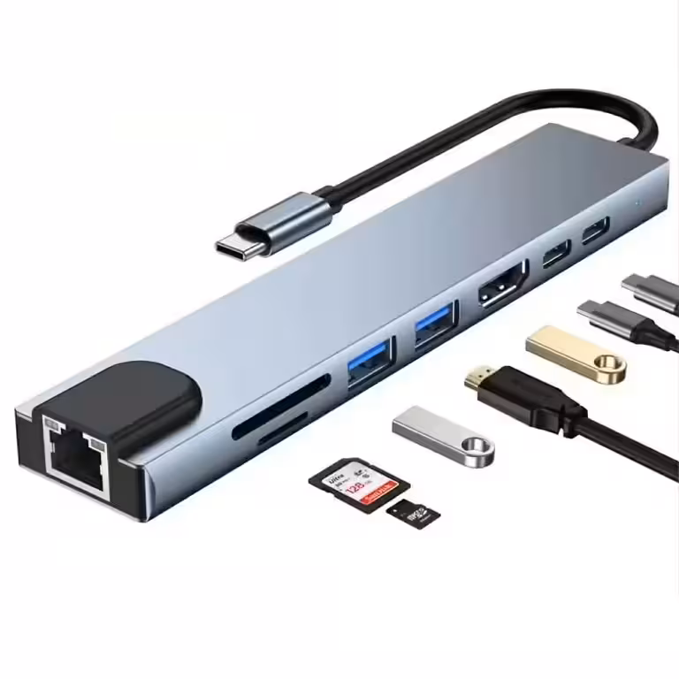 Hub USB-C 8 em 1 com HDMI 4K, RJ45, USB 3.0 e Power Delivery para MacBook, Dell, Lenovo