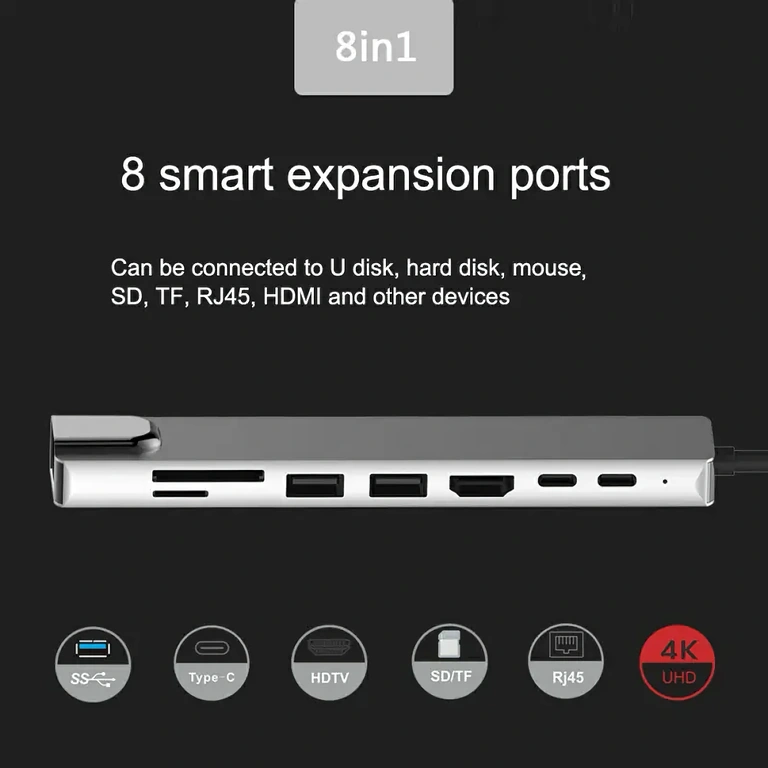 Docking station 8 em 1 com HDMI, RJ45, USB e leitor de cartões