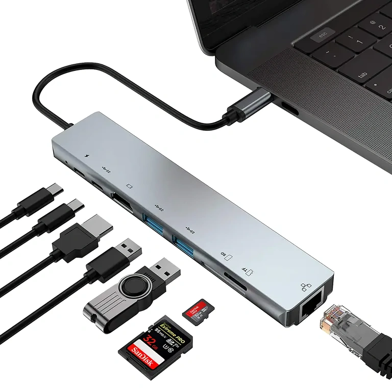 Adaptador USB-C com HDMI, RJ45, USB e leitor de cartões para laptops