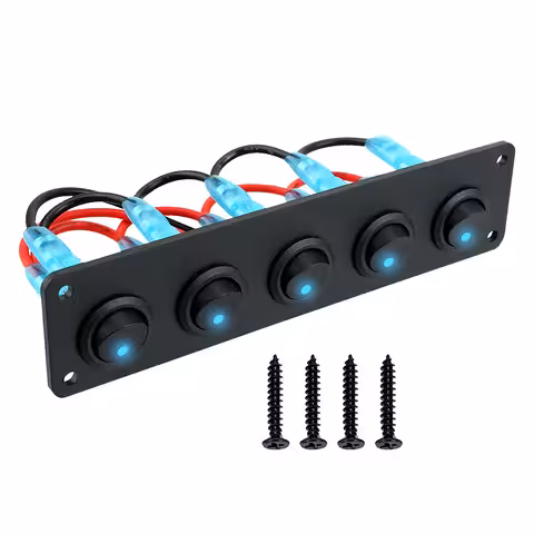 Painel de 5 Botões Interruptores Automotivos ON/OFF com LED Azul 12V/24V