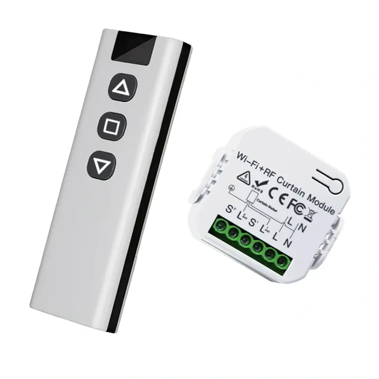 Detalhe do controle remoto inteligente para cortinas, persianas ou rolos