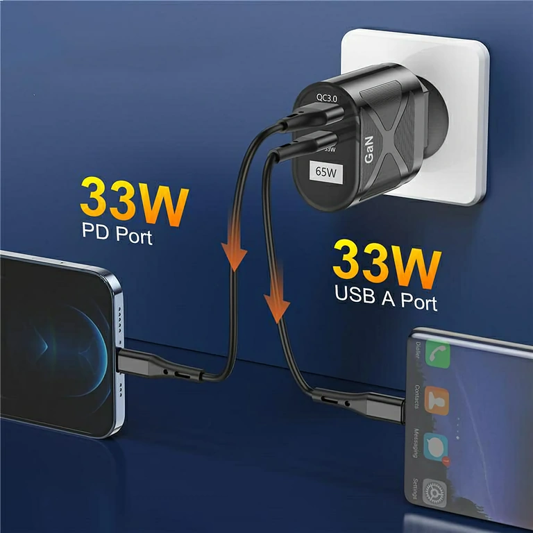 Carregador GaN compacto com portas USB-C e USB-A, ideal para viagens