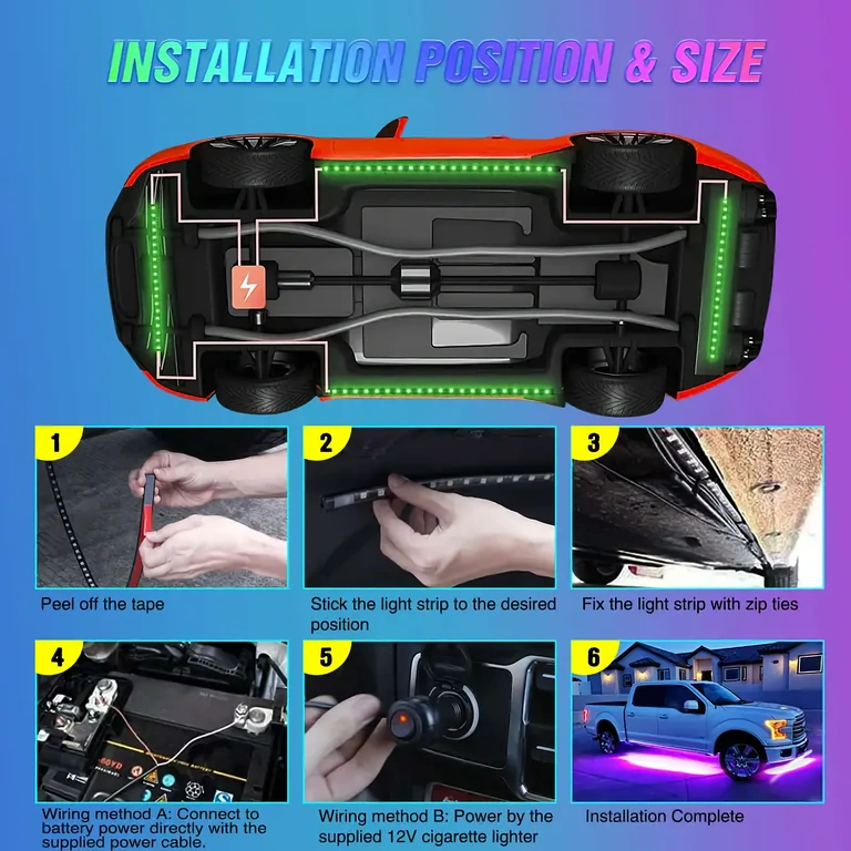 Processo de instalação de fitas LED sob o carro