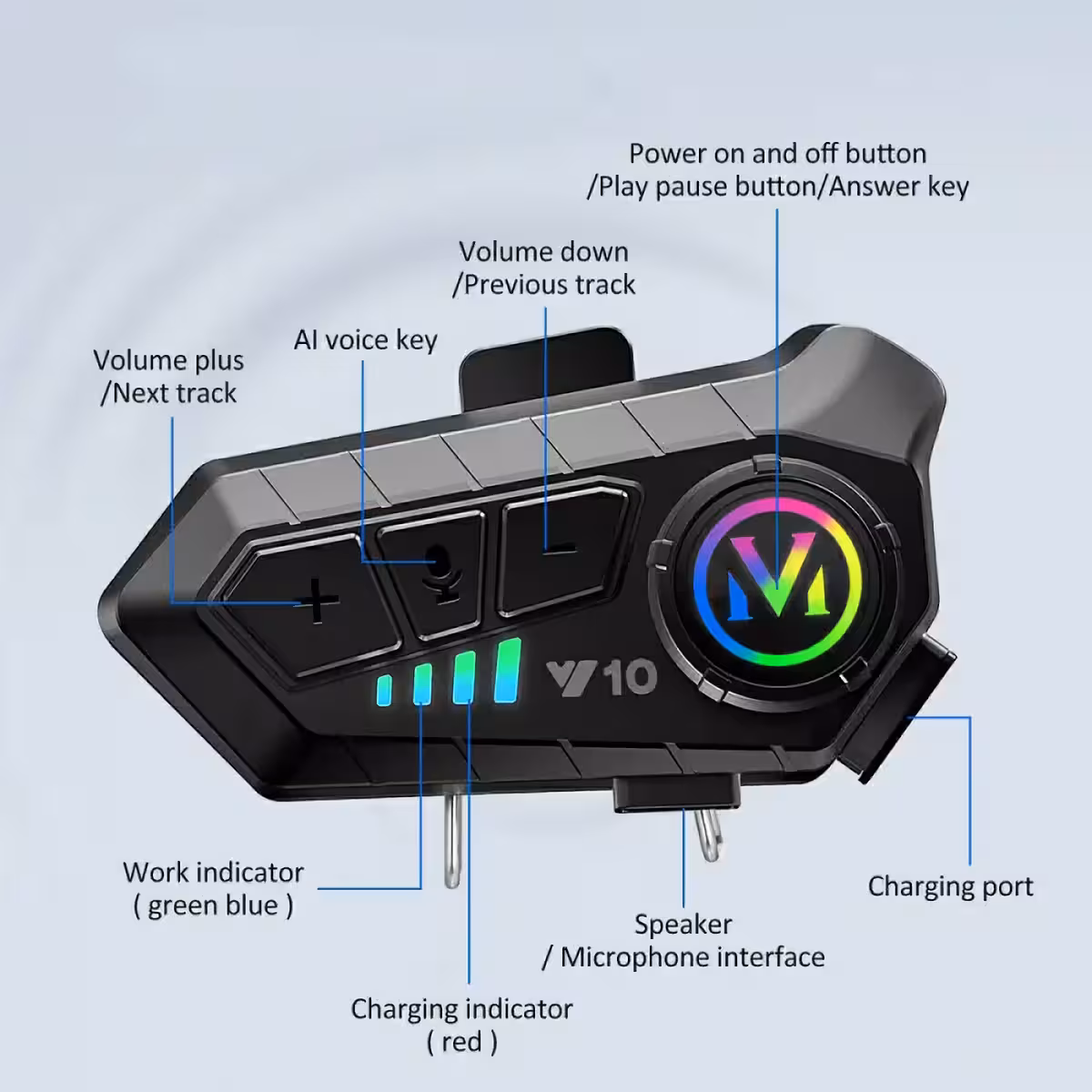 Botão para ativar assistente de voz no intercom do capacete de moto