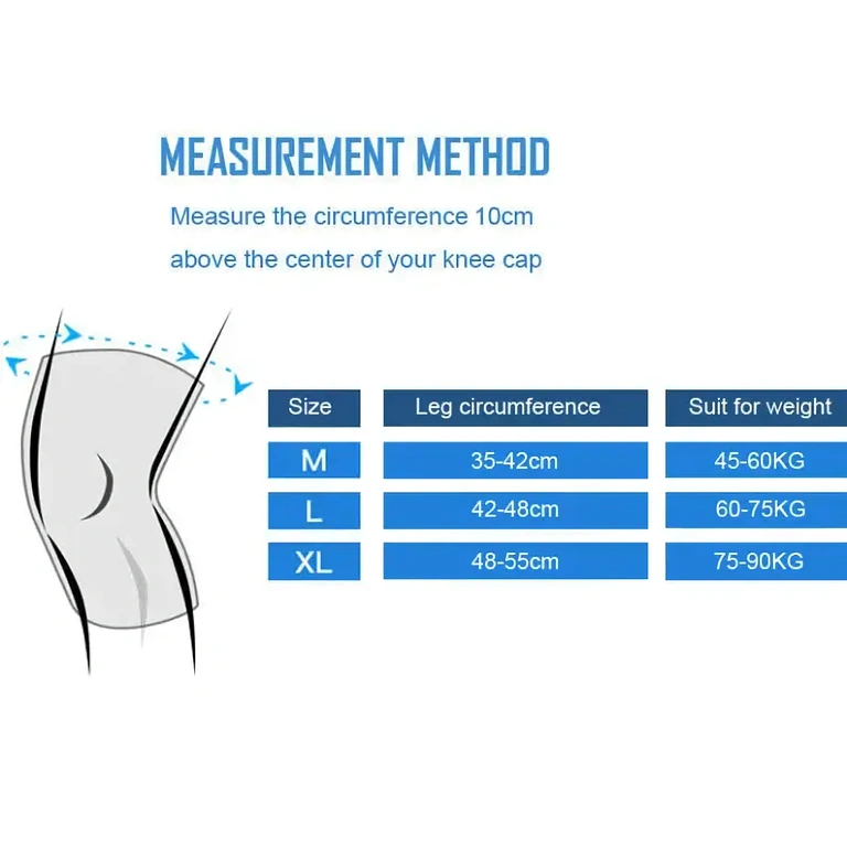 Joelheira disponível nos tamanhos M, L e XL, ajustável a diferentes circunferências