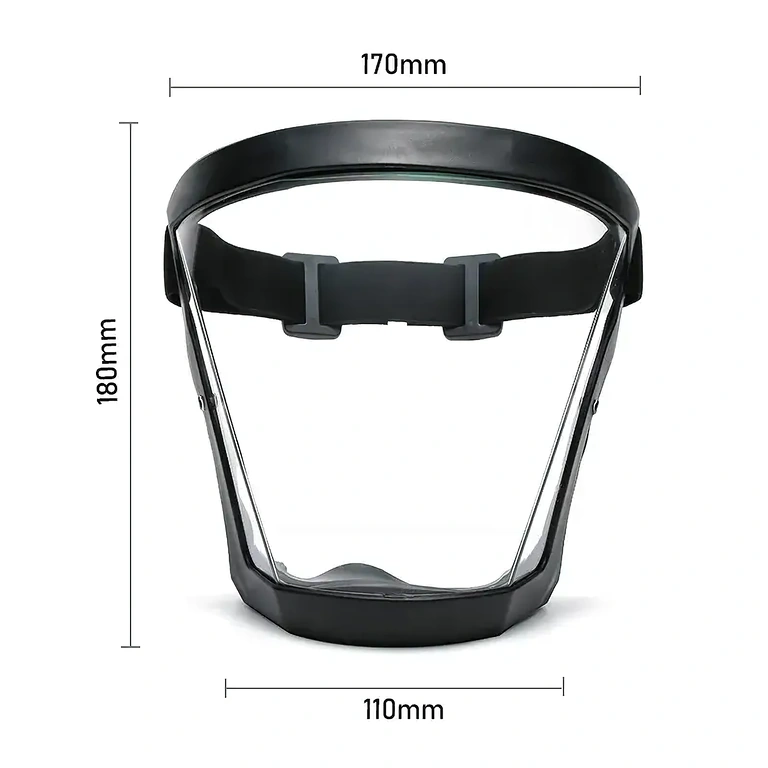 Máscara de proteção facial – guia de tamanhos Dimensões da máscara de proteção facial com filtro de poeira e viseira transparente