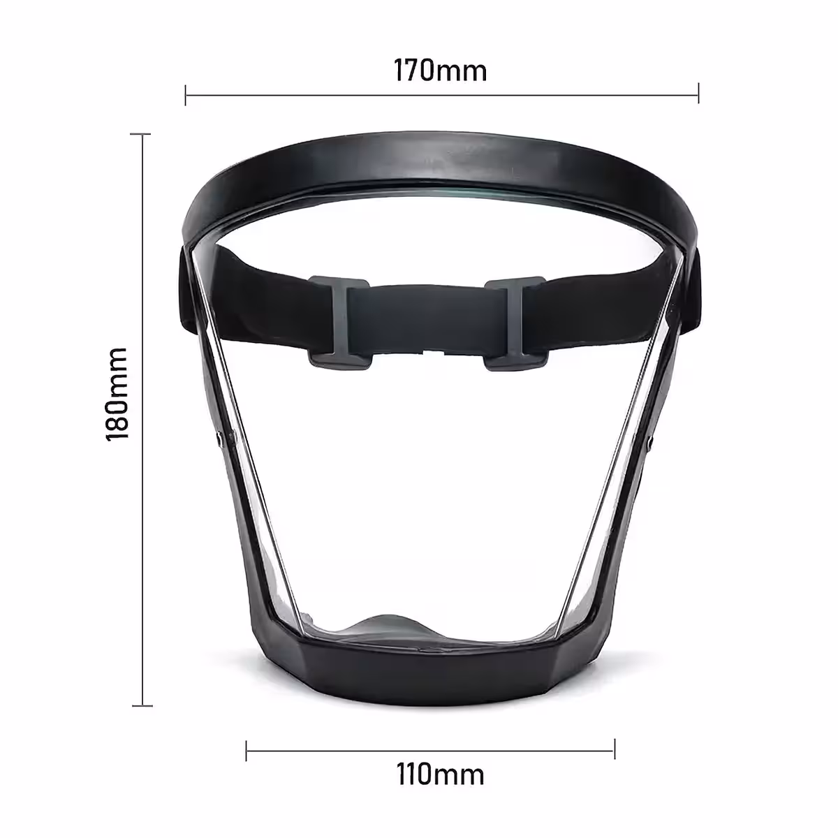 Dimensões da máscara de proteção facial com filtro de poeira e viseira transparente