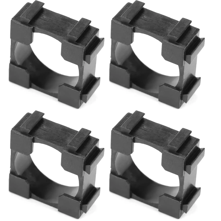 Imagem com 4 suportes modulares para células Li-ion 18650 Quatro suportes modulares para células Li-ion 18650, prontos para montagem