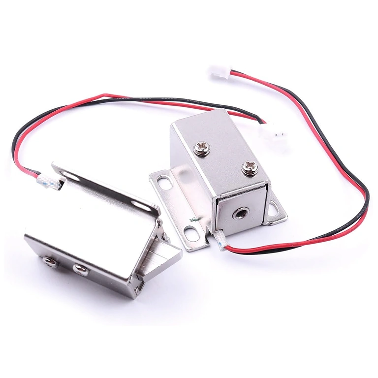 Duas fechaduras eletromagnéticas 12V apresentadas frontalmente