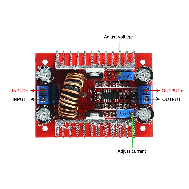 Esquema detalhado de conexão de cabos ao módulo Step-up Boost DC 400W