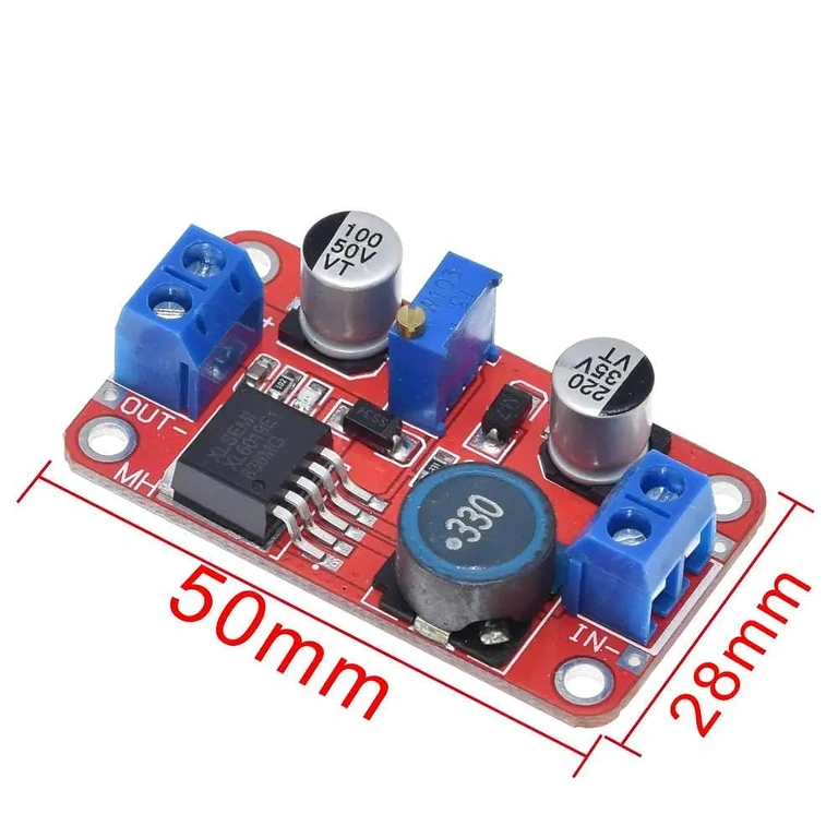 Dimensões do módulo XL6019 DC-DC Boost Converter: 50mm x 28mm x 13mm, ideal para integração em projetos diversos