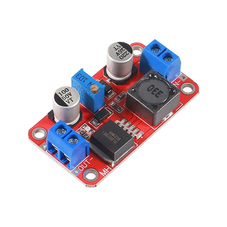 Módulo XL6019 DC-DC Boost Converter visto lateralmente, oferecendo outra perspectiva das dimensões e estrutura