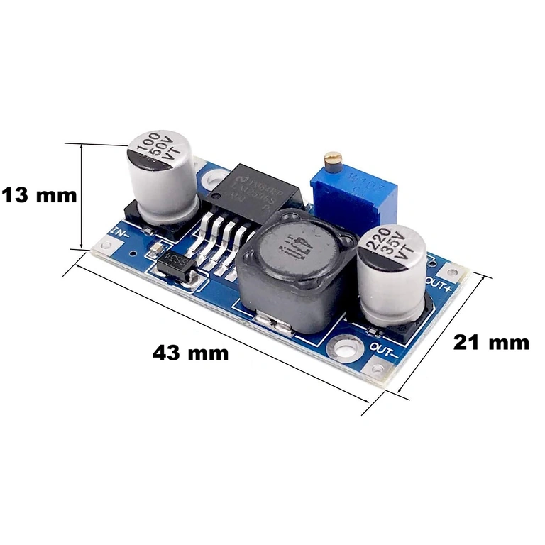 Dimensões do módulo buck converter LM2596S 3A: 43mm comprimento, 21mm largura, 14mm altura