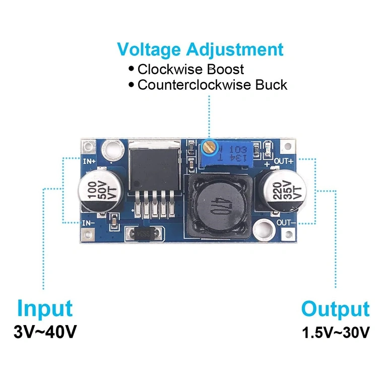 Diagrama de conexão do módulo LM2596S DC-DC step-down com ajuste de tensão 1,25–35V