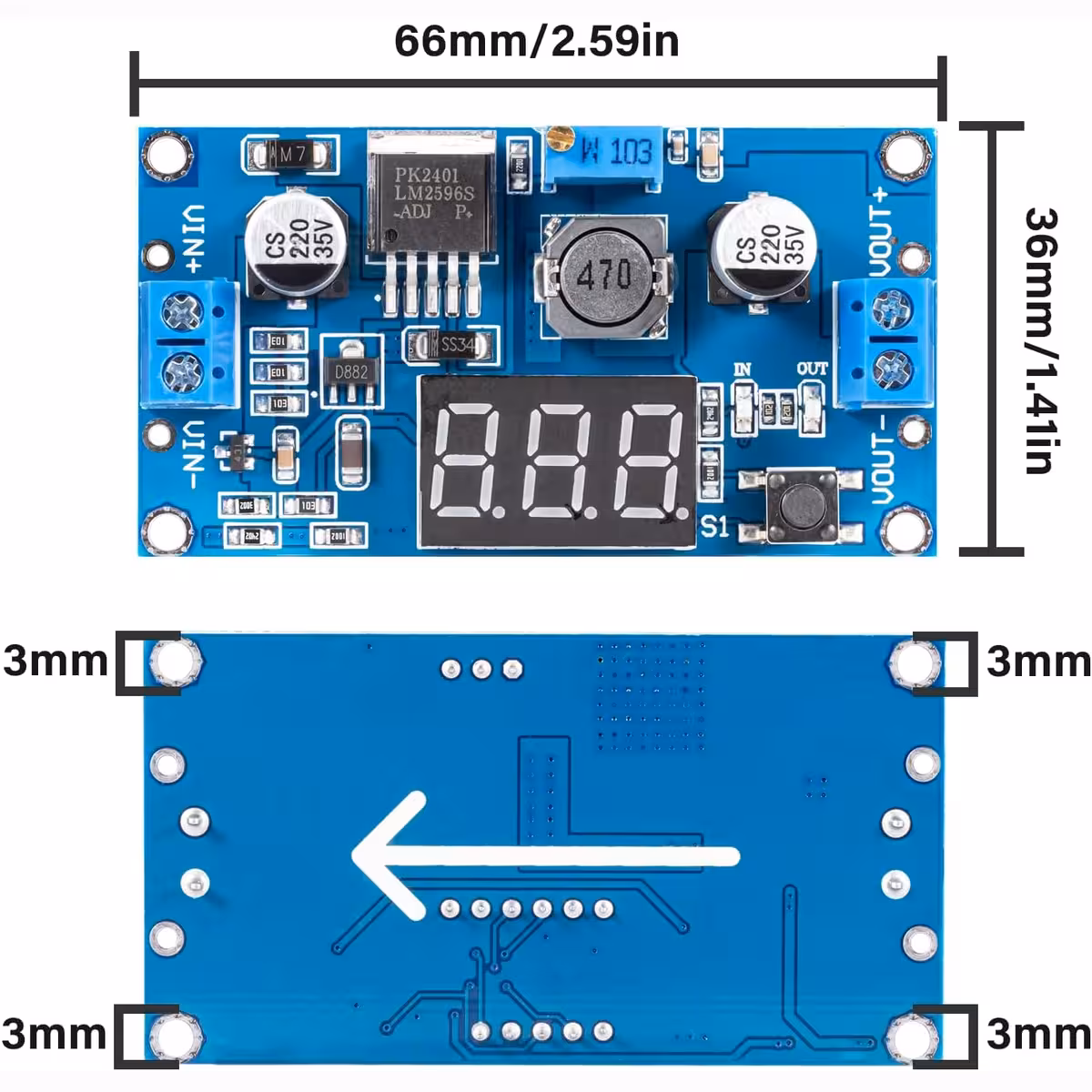 Módulo LM2596 Step Down 3A com vista frontal, traseira e dimensões exibidas
