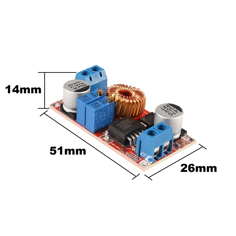 Dimensões do módulo XL4015 – 51x26x14 mm Imagem com dimensões do módulo XL4015 – 51mm comprimento, 26mm largura, 14mm altura