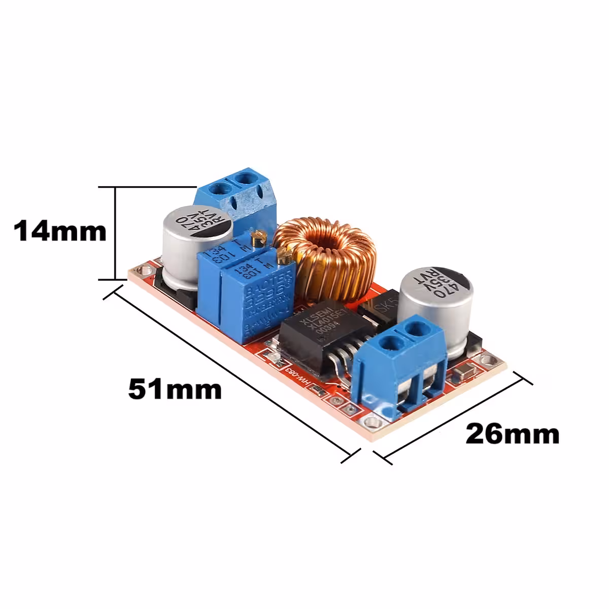 Imagem com dimensões do módulo XL4015 – 51mm comprimento, 26mm largura, 14mm altura