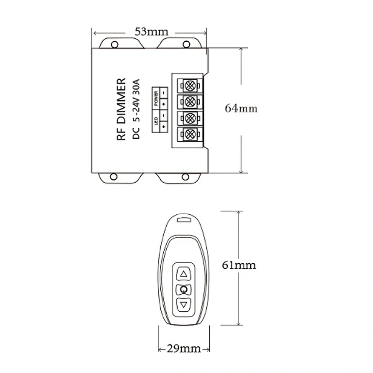 Imagem com dimensões exatas do dimmer para fita LED 5V 12V 24V 30A
