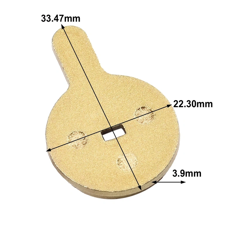 Dimensões das pastilhas de freio: 33,5 x 22,3 x 3,9 mm