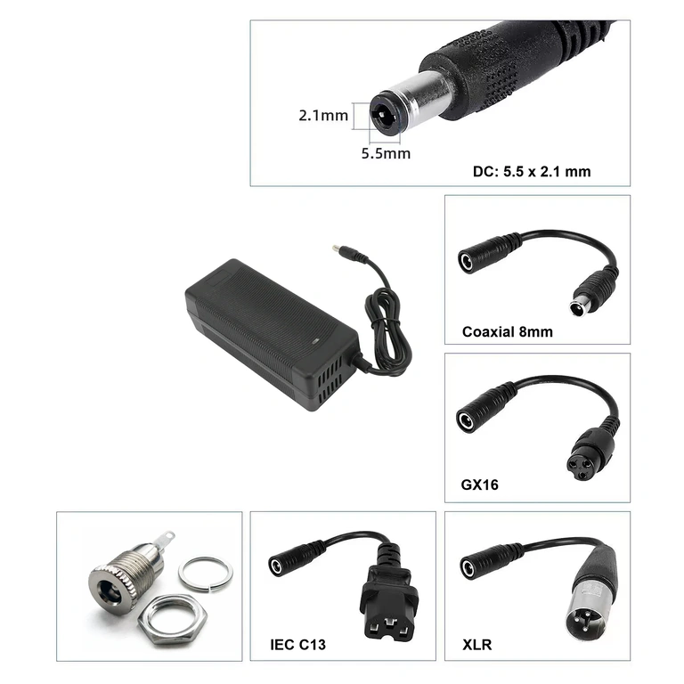 Carregador com conector DC 5.5×2.1 mm Carregador 36V–42V 3A com conector DC 5.5×2.1 mm, compatível com patinetes e bicicletas elétricas