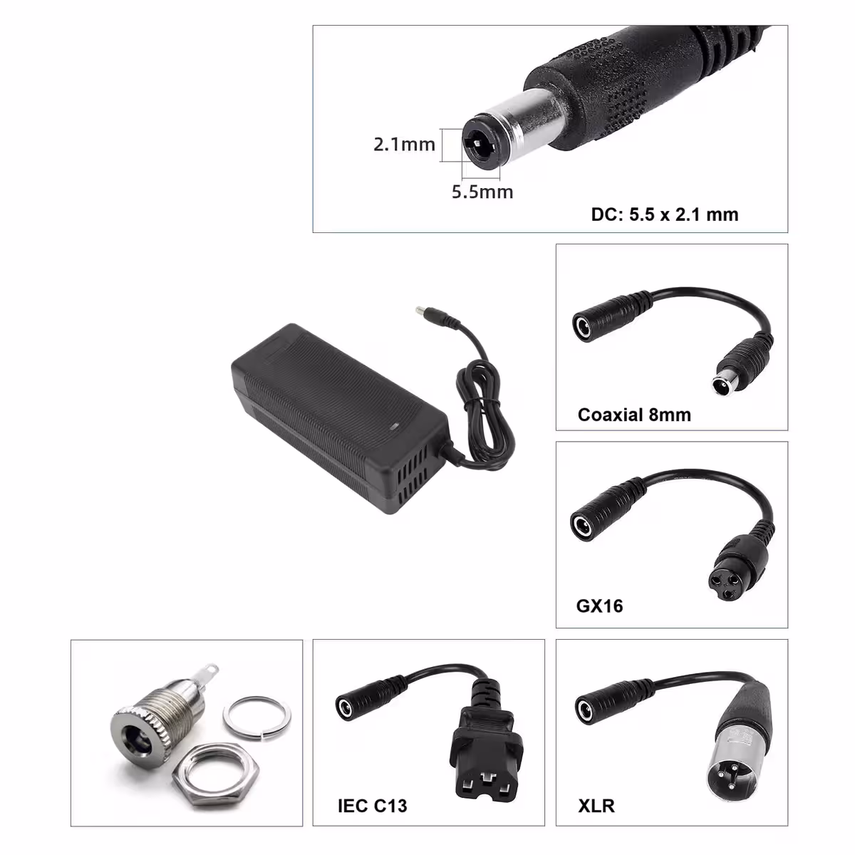 Carregador 36V–42V 3A com conector DC 5.5×2.1 mm, compatível com patinetes e bicicletas elétricas