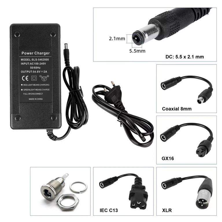 Carregador com conector XLR 3 pinos Carregador 48V–54,6V 2A com plugue XLR 3 pinos, estável e seguro para scooters e bicicletas elétricas