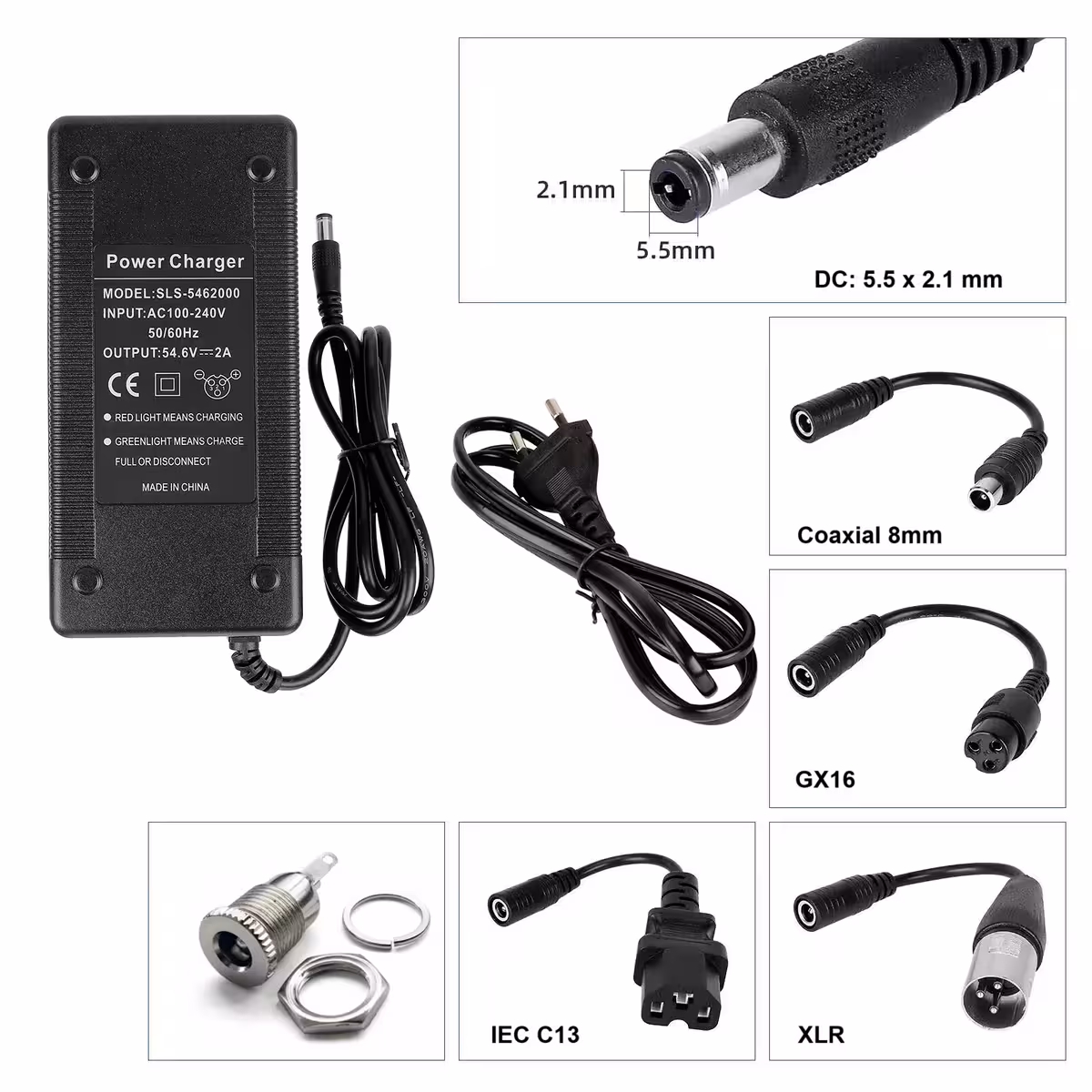Carregador 48V–54,6V 2A com plugue XLR 3 pinos, estável e seguro para scooters e bicicletas elétricas
