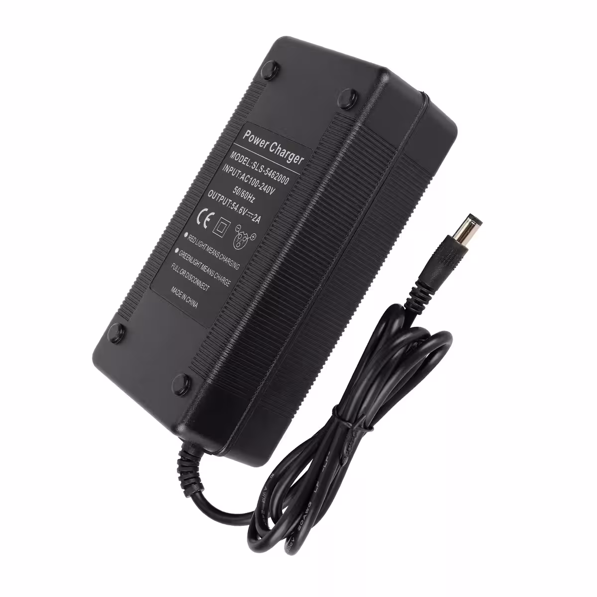 Carregador 48V–54,6V 2A, carregamento rápido e seguro, com indicador LED vermelho/verde