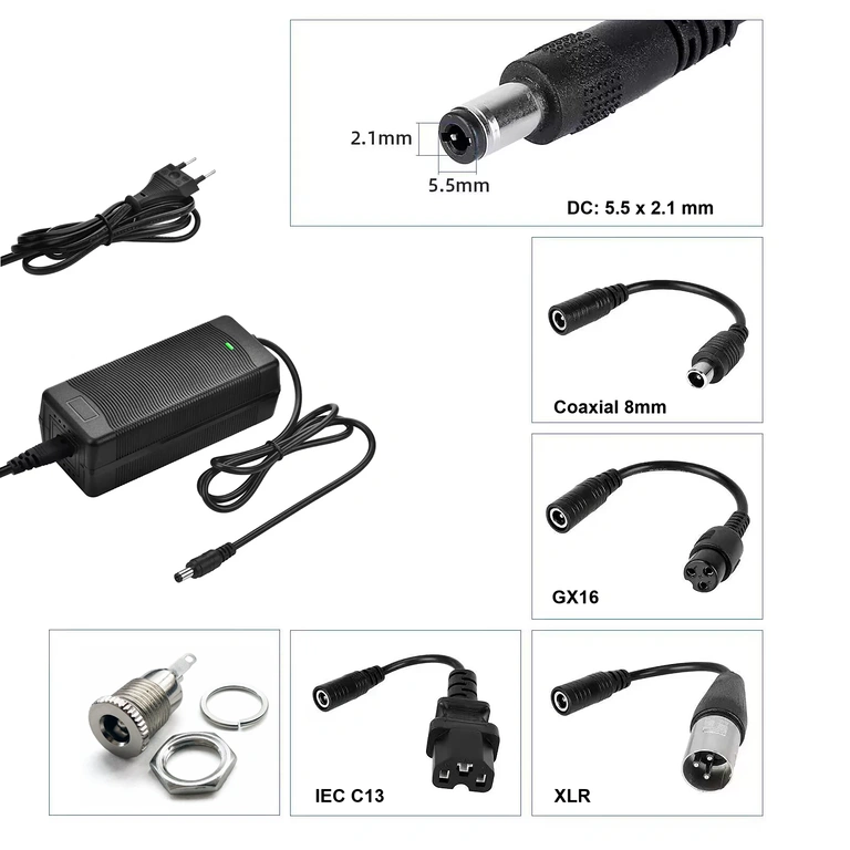 Carregador com conector DC 5.5×2.1 mm Carregador 52V–58,8V 2A com conector DC 5,5×2,1 mm para patinetes e bicicletas elétricas