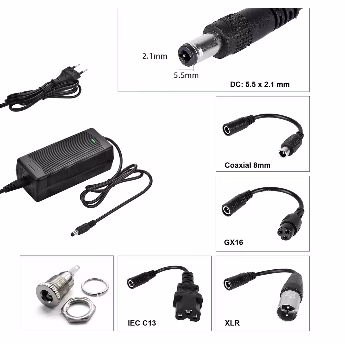 Carregador 52V–58,8V 2A com conector DC 5,5×2,1 mm para patinetes e bicicletas elétricas