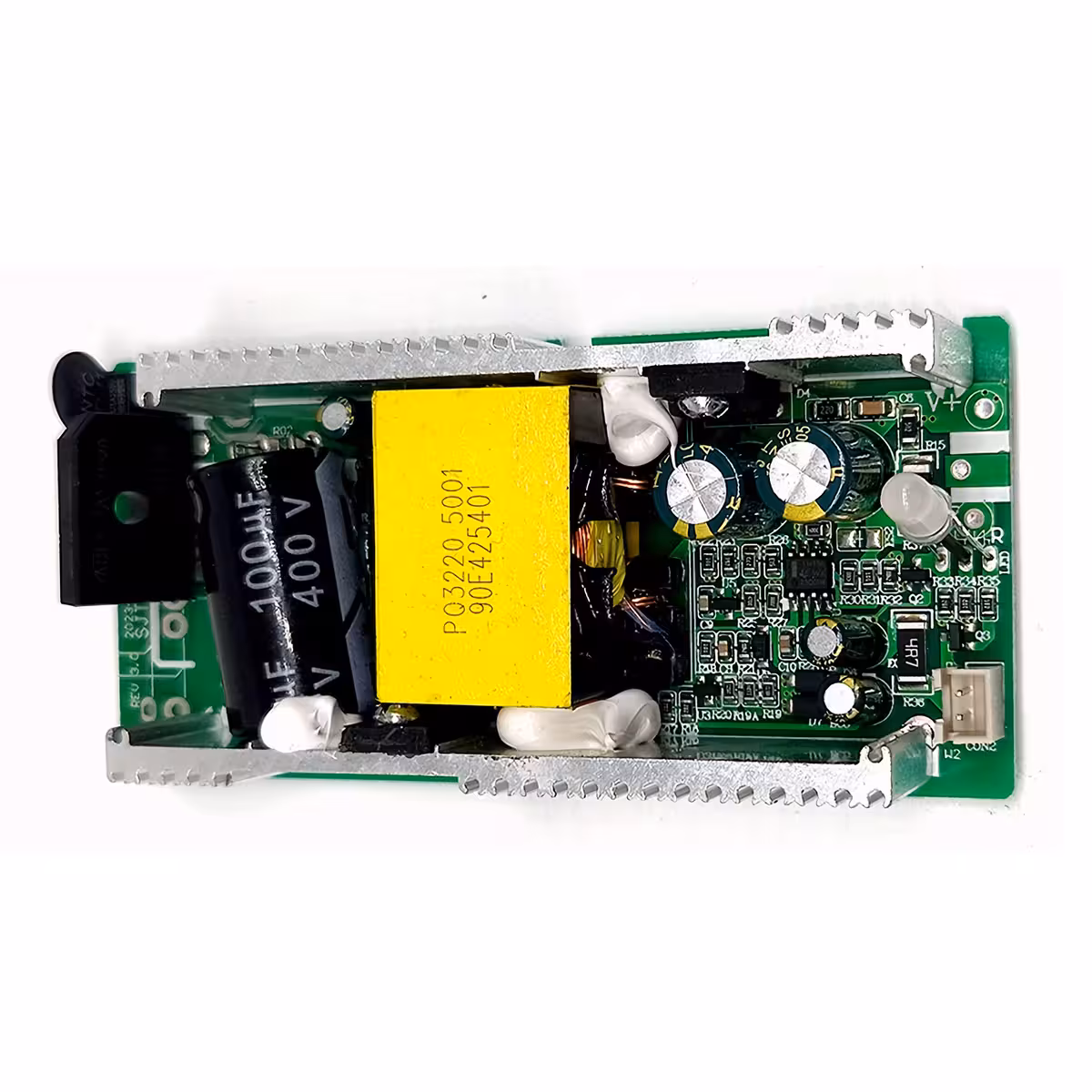 Placa eletrônica interna do carregador 60V Li-Ion 2A – detalhes de componentes e proteções