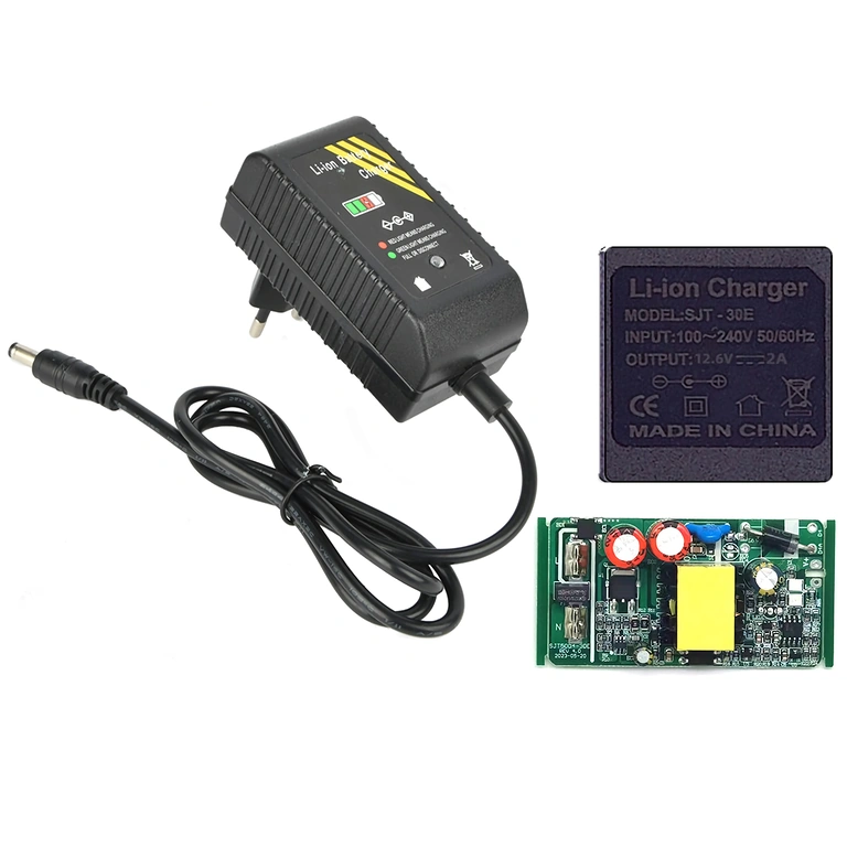 Placa interna do carregador Li-Ion 12,6V – componentes e circuitos para carregamento de baterias 10,8V com BMS 3S