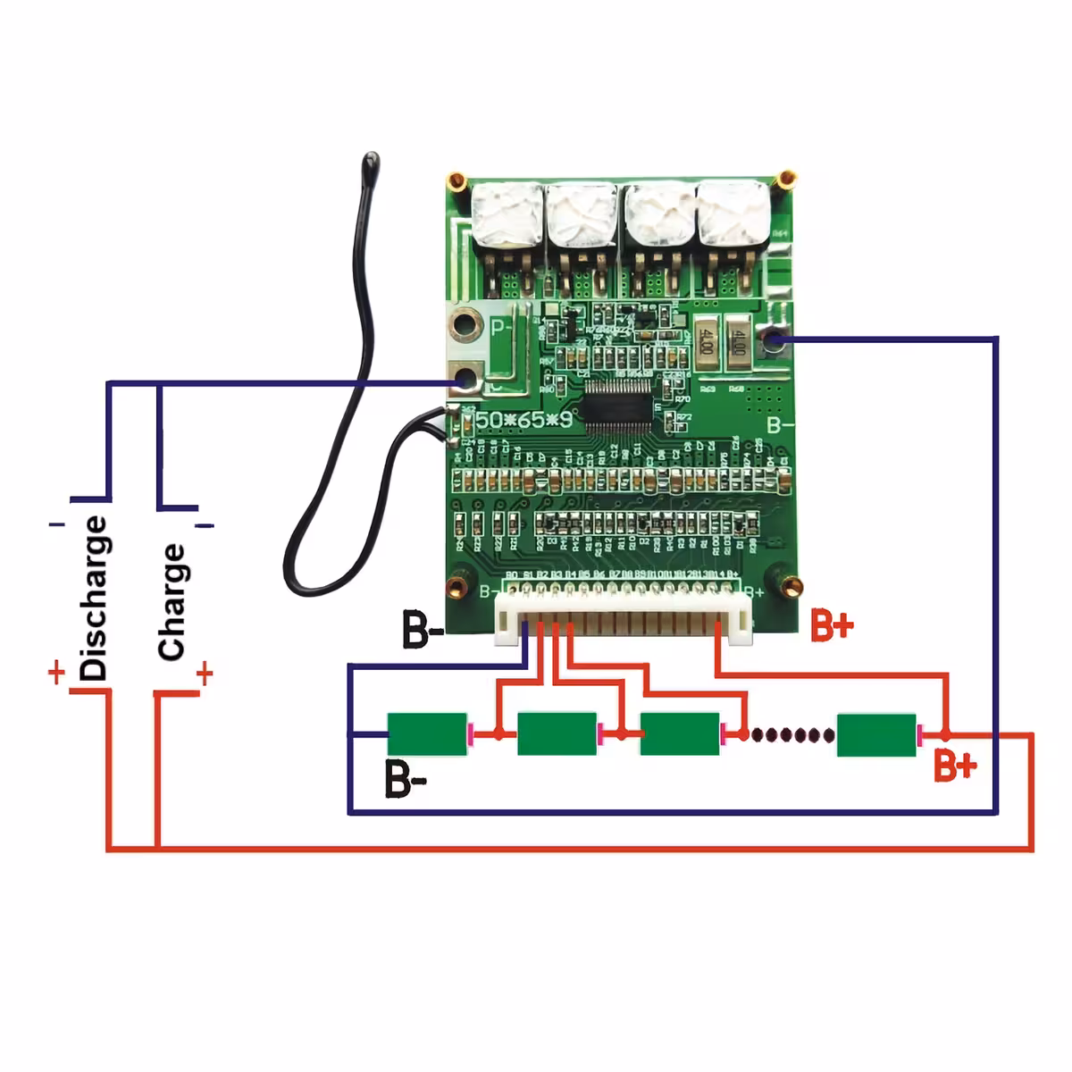 Esquema elétrico para conectar o BMS 14S 52V às células Li-Ion