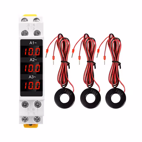 Amperímetro Digital Trifásico para Quadro Elétrico – Medição de Corrente 1-100A, Montagem em Trilho DIN