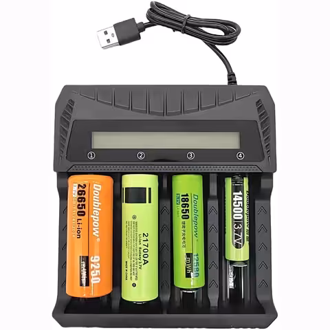Carregador Universal de Baterias 18650 – Carregador de Pilhas Li-ion AA AAA 3,7V, 4 Slots, Display LCD e Alimentação USB-C