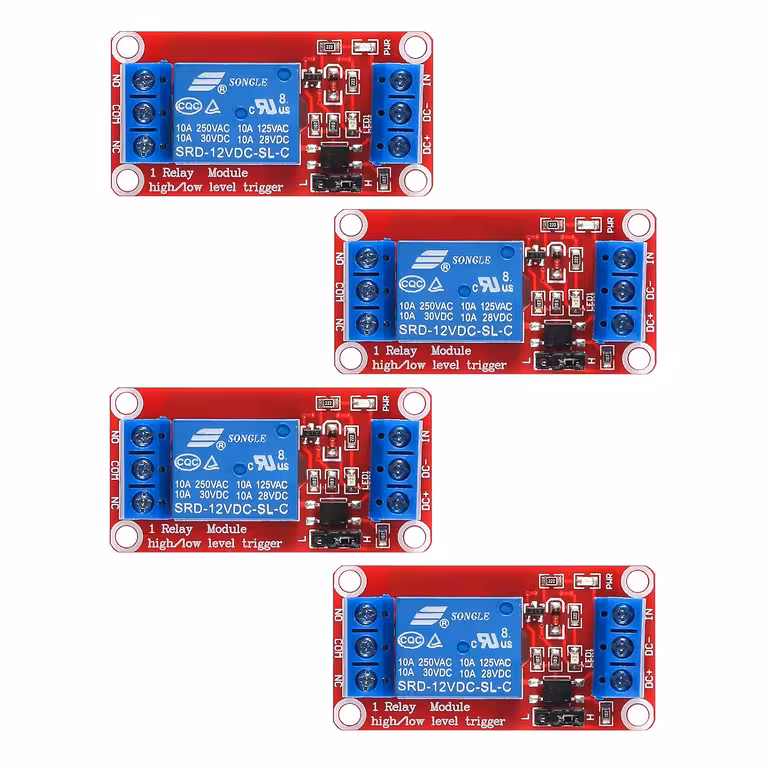 Conjunto 4 peças: Relé de Controle 5V / 12V com Optoacoplador – Módulo 1 Canal, NC/NO, Trigger High/Low, 10A