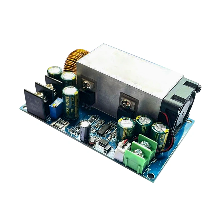 Detalhe dos terminais de entrada e saída do módulo DC-DC Step-Down 600W 25A, com polaridade correta e recomendação de diodo anti-retorno