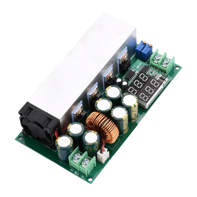 Módulo Buck DC12–80V 20A – vista inferior Vista inferior do módulo Buck DC12–80V 20A
