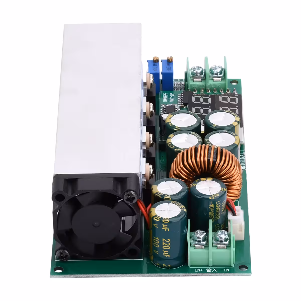 Conectores de entrada e saída do módulo Buck DC12–80V 20A