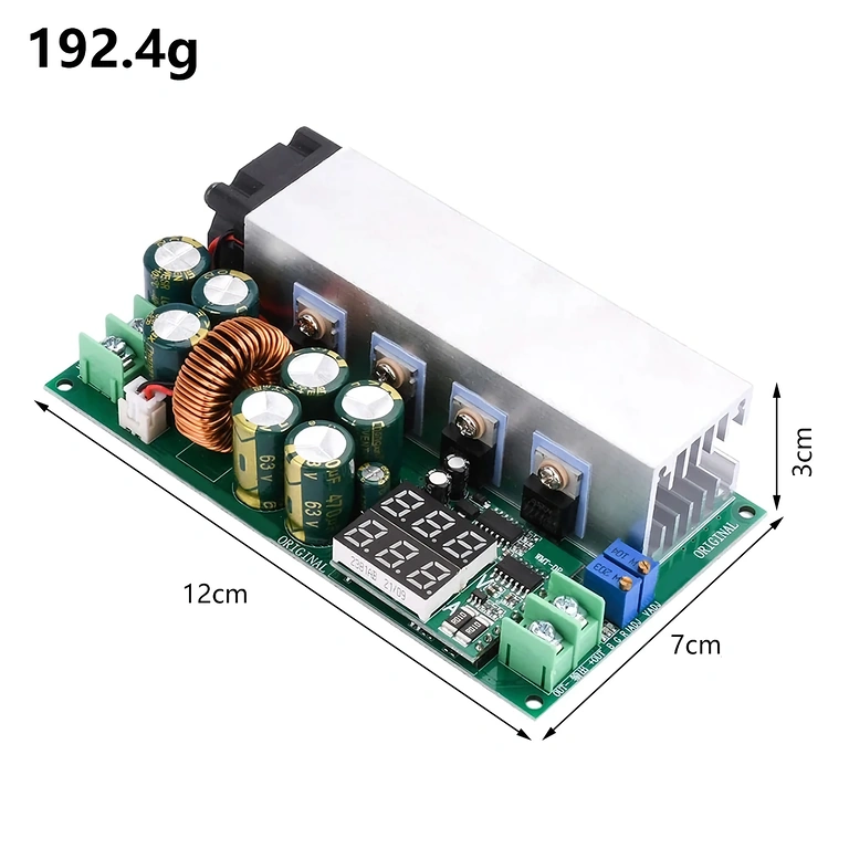 Módulo Buck DC12–80V 20A – ecrã Detalhe do visor digital do módulo Buck DC12–80V 20A