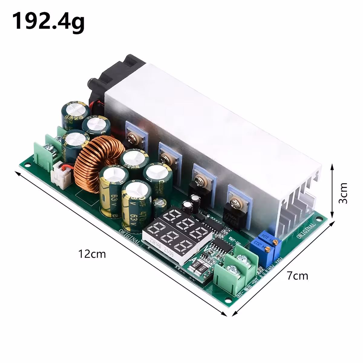 Detalhe do visor digital do módulo Buck DC12–80V 20A