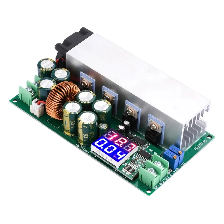 Módulo Buck DC12–80V 20A – lateral esquerda Vista lateral esquerda do módulo Buck DC12–80V 20A
